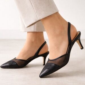 CHANEL Black Mesh Slingback Heels CC Logo Pointed Toe